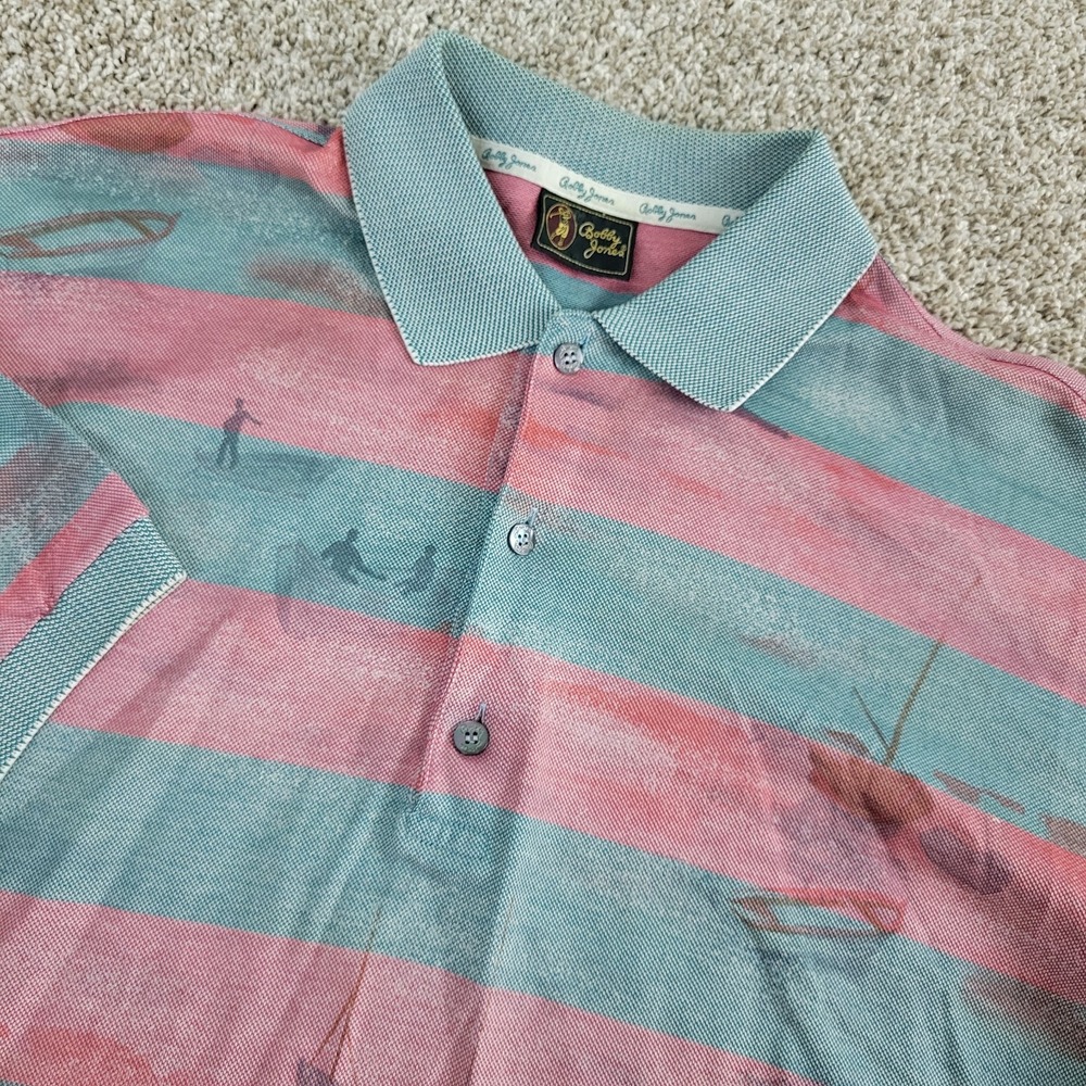 Bobby Jones Mens Medium Blue Red Striped All Over Graphic Short Sleeve Polo